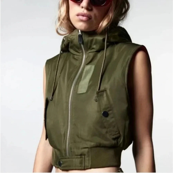 ZARA, New, Cropped Nylon Hooded Zip Front Army Green Khaki Puff Vest, Size XL - Picture 4 of 16